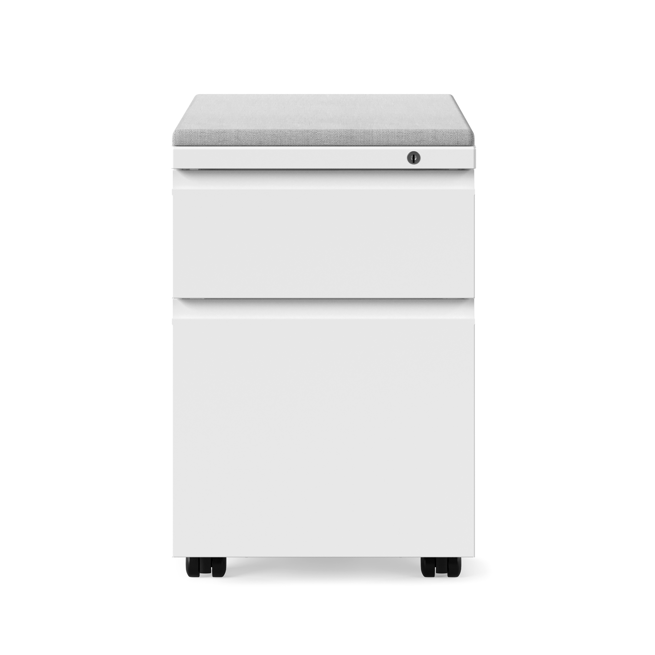 White Series 2 mobile pedestal storage with grey cushion top and black casters, viewed from the front.